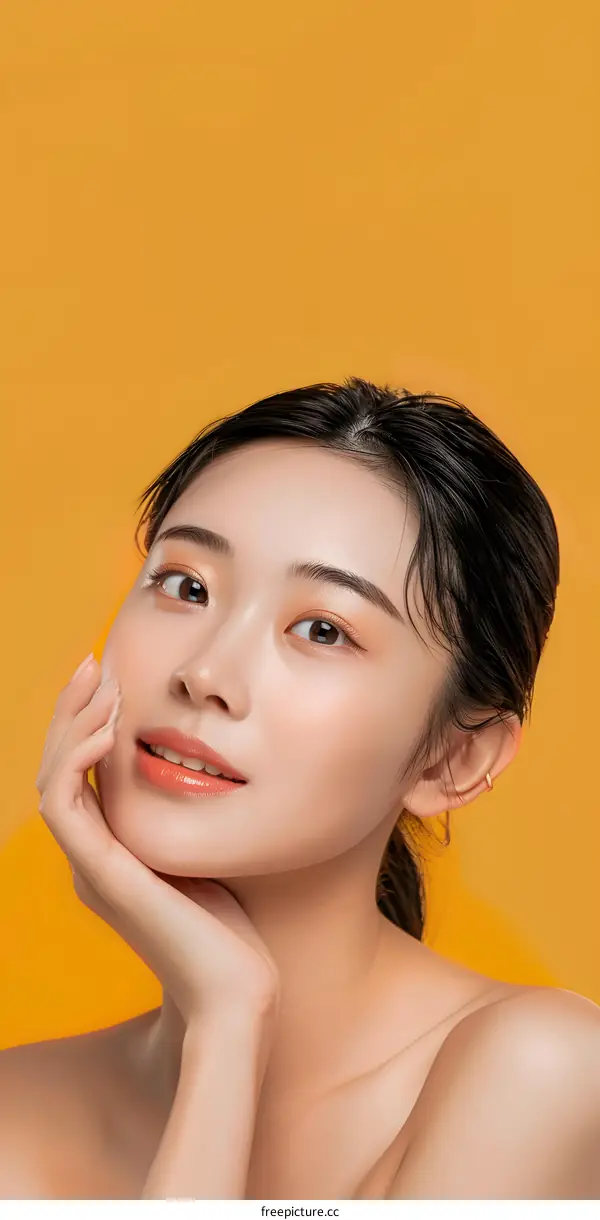 Portrait of Beautiful Young Asian Woman with Natural Makeup on Yellow Background