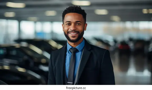 Portrait of a young African-American businessman in a suit standing in a car dealership