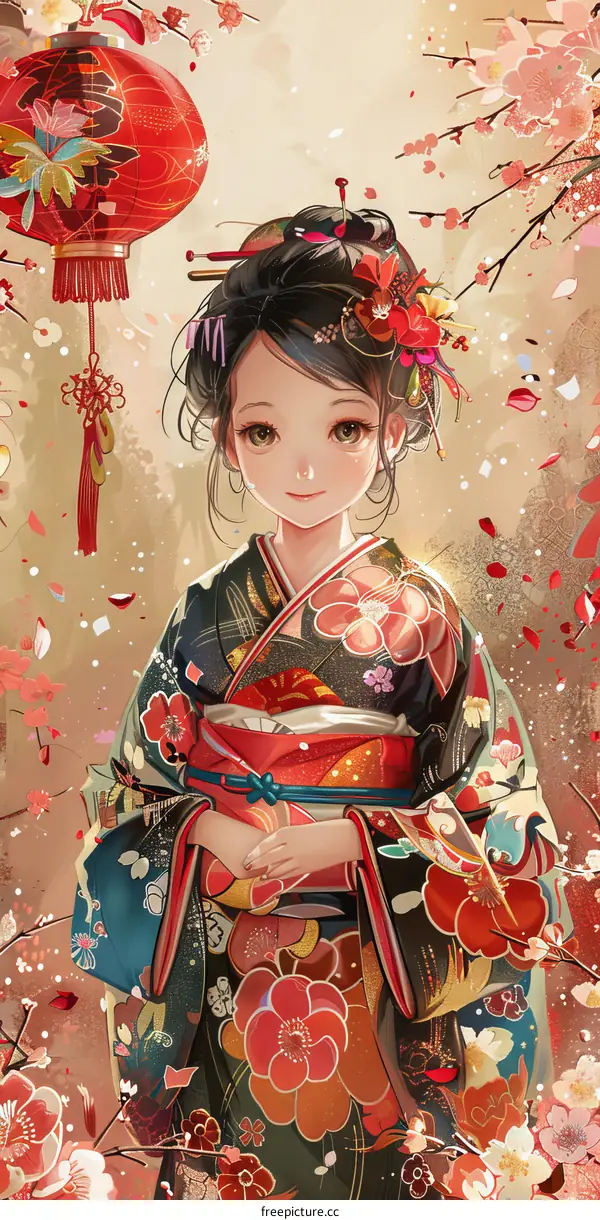 Beautiful Japanese Girl in Traditional Kimono with Cherry Blossoms and Red Lantern