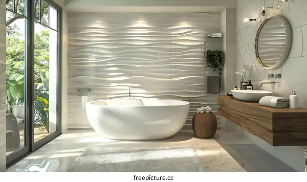 Modern Luxury Bathroom with Wave-Patterned Tiles