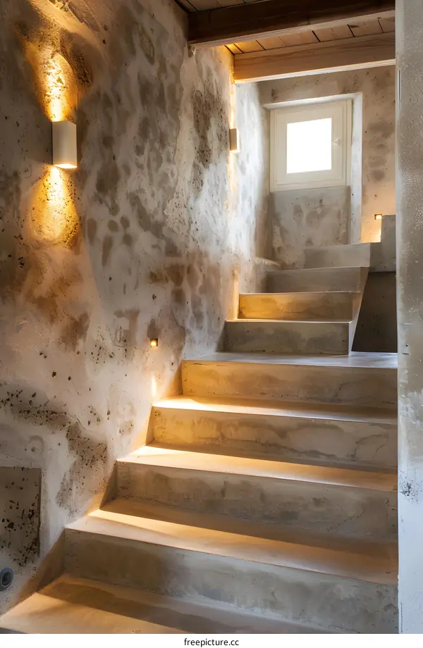 Concrete Staircase With Wall Lights In Modern Home