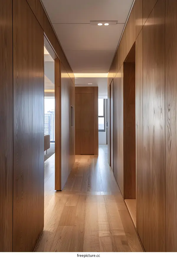 Modern Interior Design Hallway With Wooden Panels And Floor
