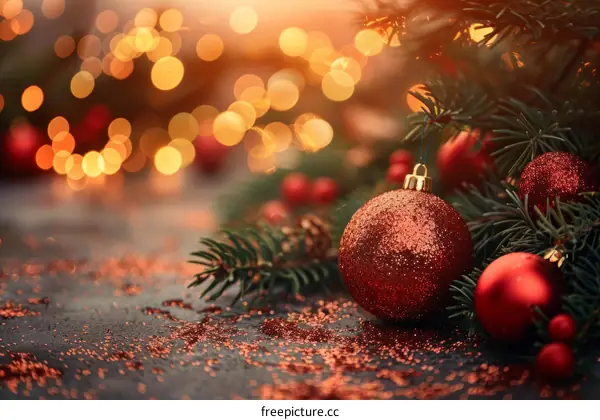 Red Christmas Ornament with Green Branches and Lights