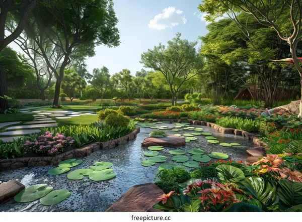 Nature Serenity - Beautiful Green Garden Pond Landscape