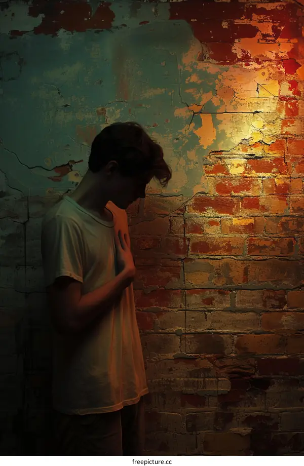 Young caucasian man standing alone in a dark room
