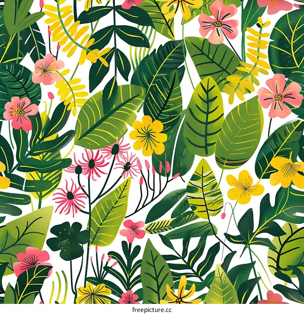 Tropical Leaves and Flowers Seamless Pattern