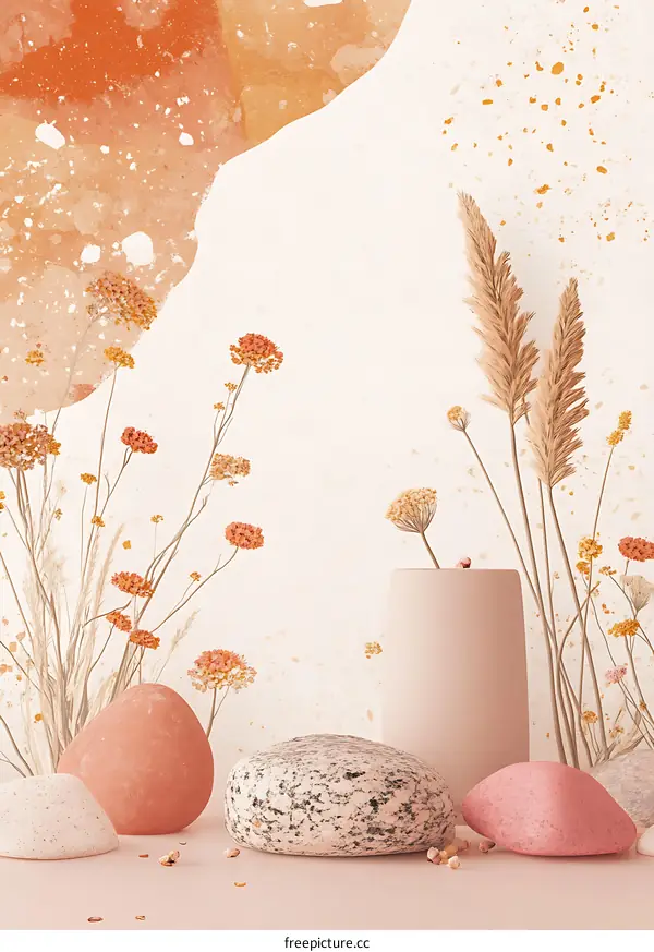 Minimalist Boho Style Background with Dried Flowers and Stones