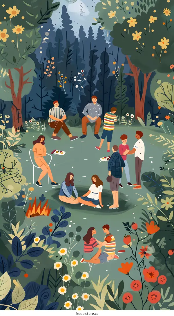 Friends Gathering in a Forest Illustration