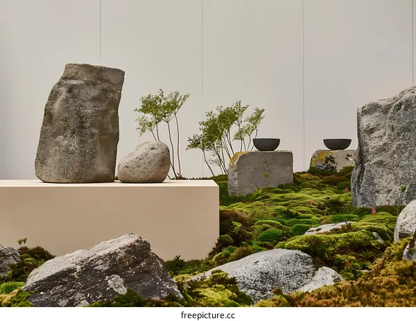 Zen Garden Design with Rocks, Moss, and Bowls