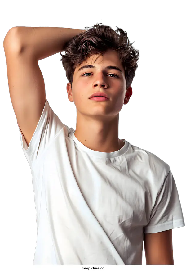 [Transparent Background PNG]Portrait of a young male model with brown hair and light eyes wearing a white t-shirt