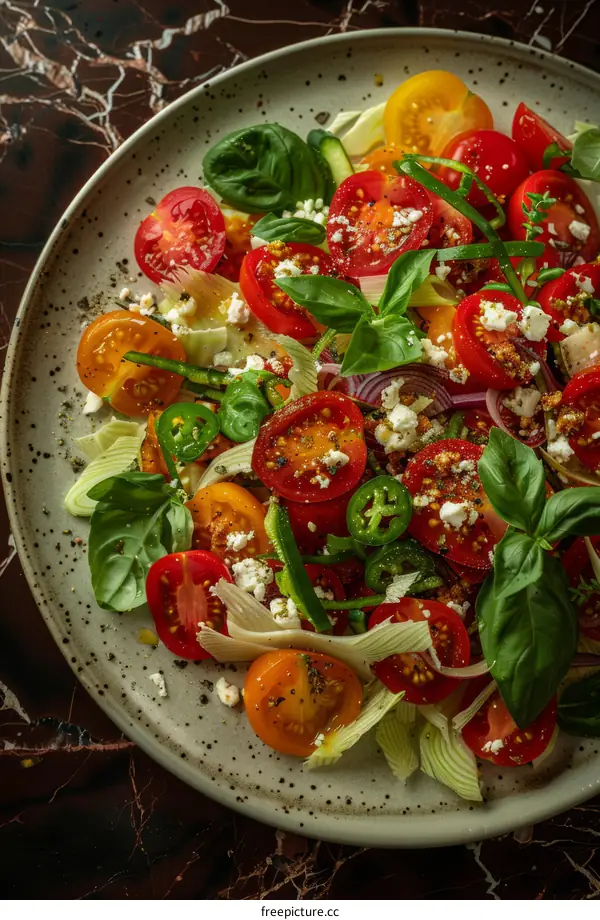 Colorful tomato salad with basil, onion, chili and cheese