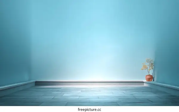 Empty Room Interior Scene with Blue Walls and Plant