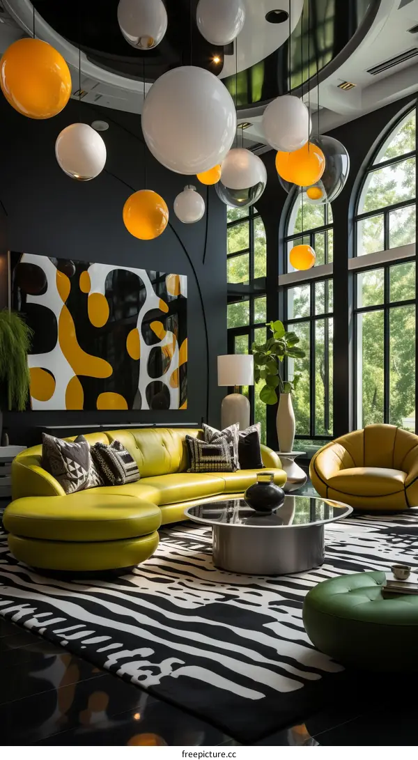 Modern living room interior design with yellow sofa and black and white striped rug