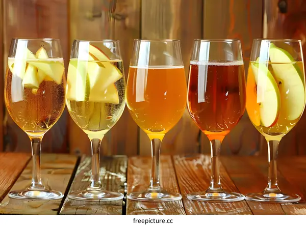 Five Glasses of Apple Cider on Wooden Background