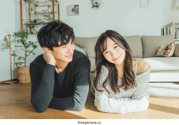 Couple Relaxing on the Floor in Cozy Living Room