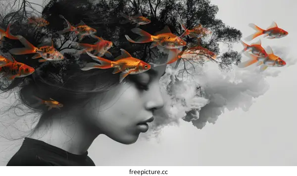 A girl with goldfish swimming around her head