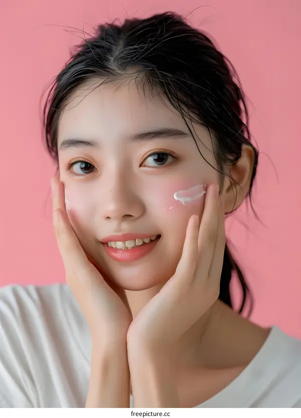 Asian Woman Applying Cream on Her Face