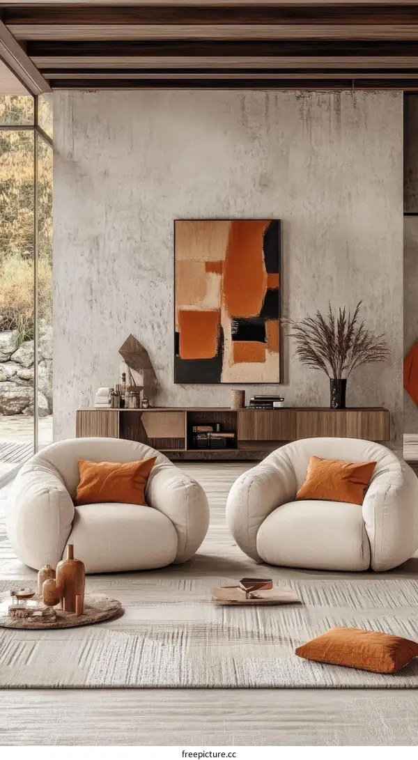 Modern Beige Living Room with Orange Accents
