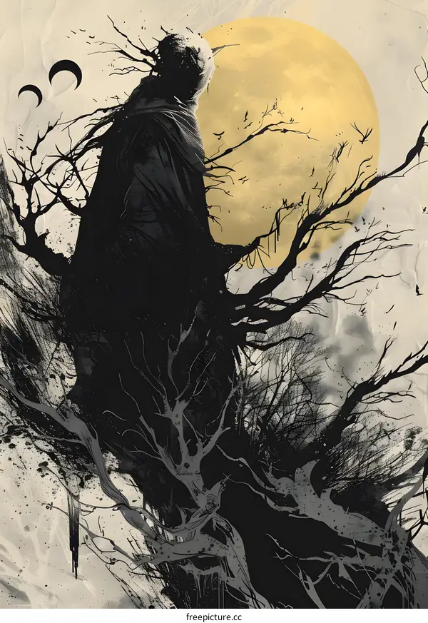Dark Fantasy Art Illustration of a Man Standing in a Tree with a Full Moon in the Background