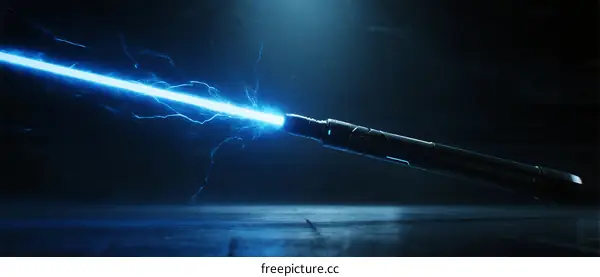 Blue Lightsaber with Electric Energy in Dark Environment
