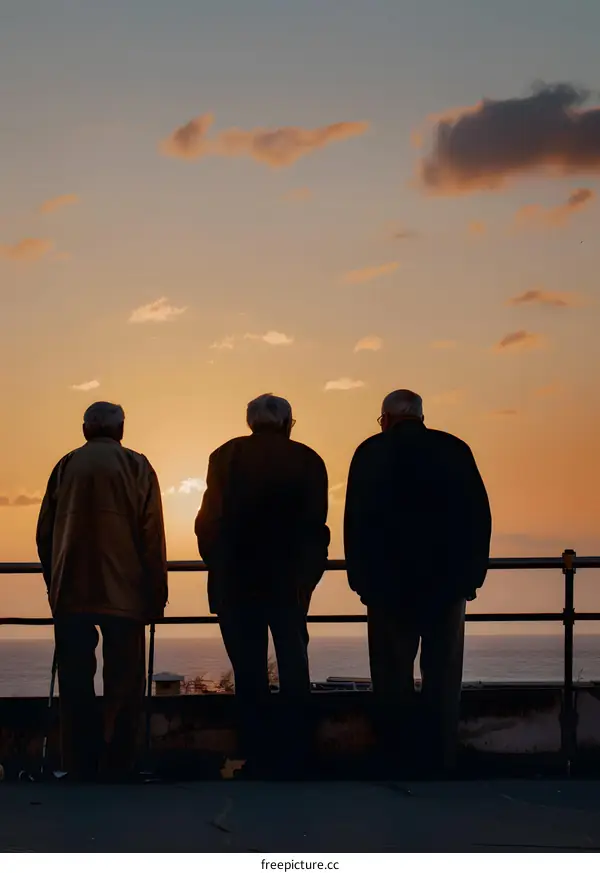 Three Senior Men Silhouette at Sunset