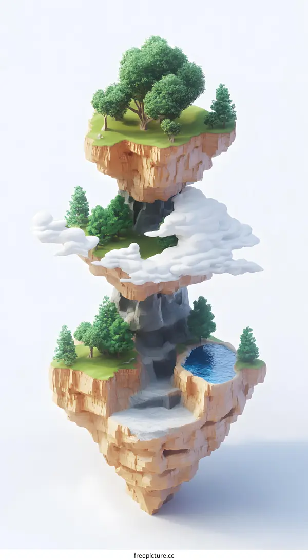 Floating Island with Trees and Clouds 3D Illustration