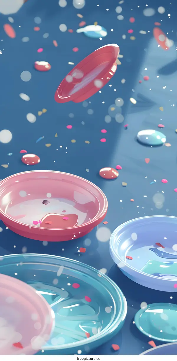 Abstract Minimalist Colorful 3D Illustration of Floating Plates and Confetti