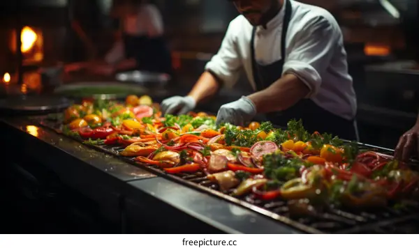 Chef is grilling vegetables over an open flame