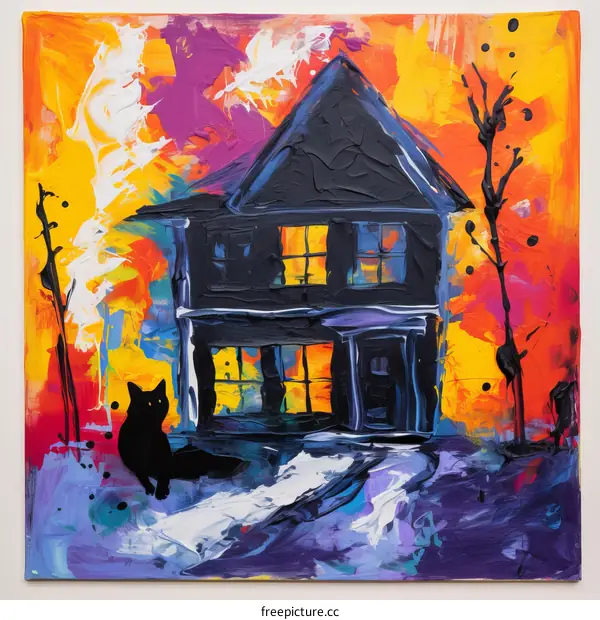 Black house with cat in front of it