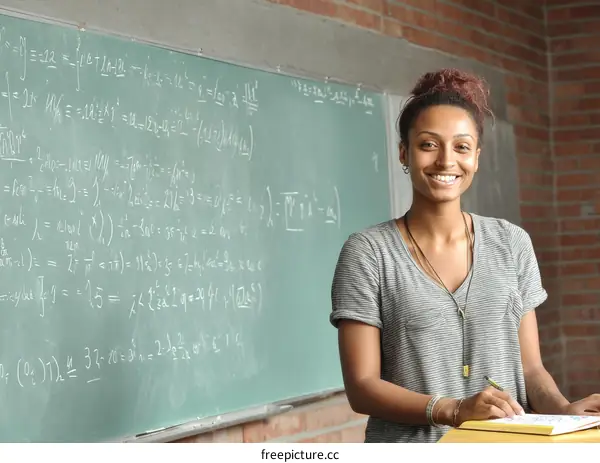 Happy Woman Student in Front of Chalkboard