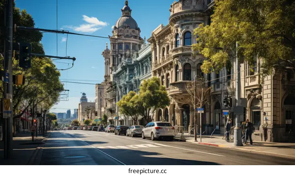 City street with cars parked on the side and people walking