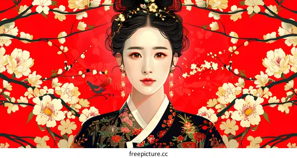 A digital painting of a young woman in a traditional Chinese dress with red and white flowers in the background.