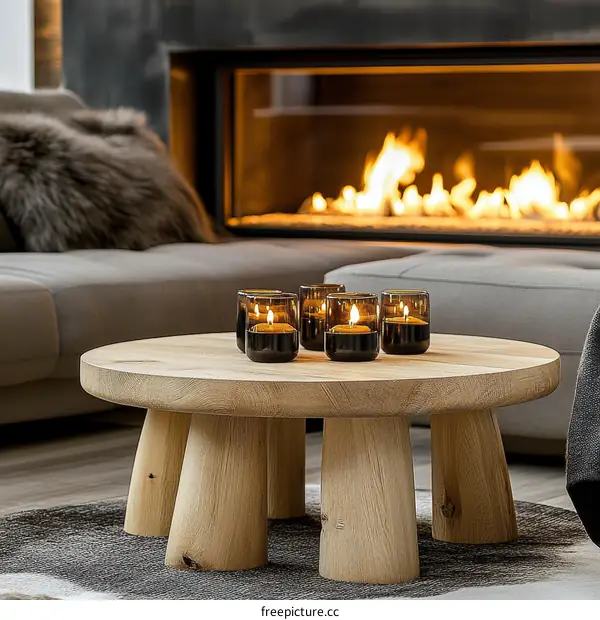 Modern Wooden Coffee Table with Candles in a Cozy Living Room