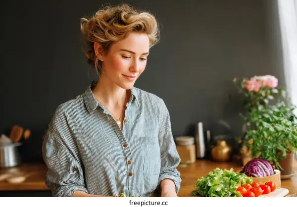 Woman preparing a healthy salad in the kitchen
