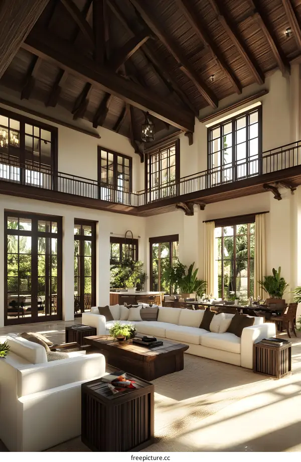 Modern Interior Design with White Sofa and Wooden Beams