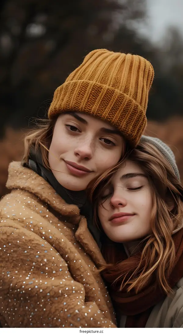 Two young women in winter clothes are hugging each other outdoors.