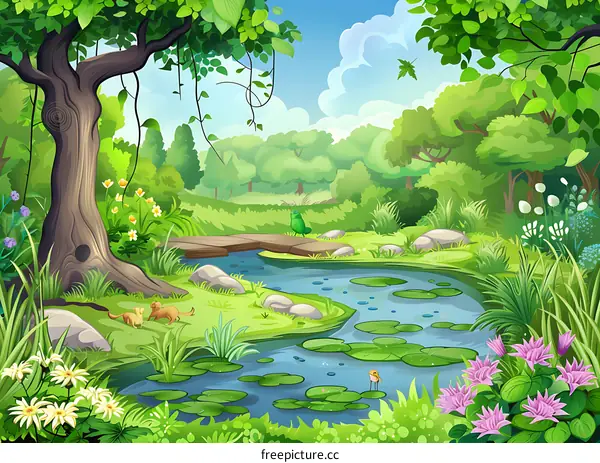 Forest Stream with Lush Greenery and Water Lily Pads