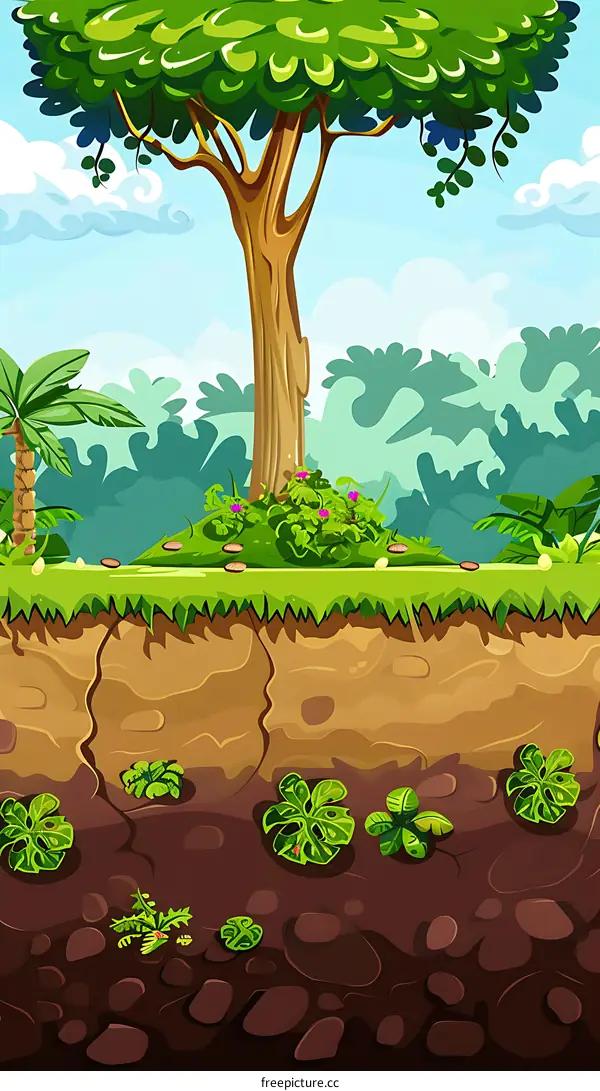 Cartoon Illustration of a Lush Green Forest with a Tree and Plants