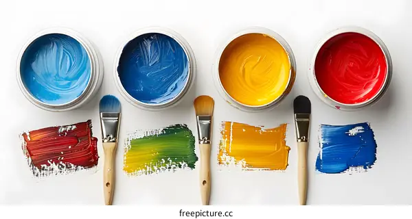 Four Paint Cans and Brushes on a White Background