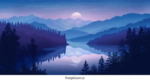 Night Sky Over Mountain Lake with Moon Reflection