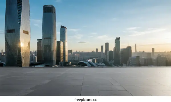 Modern city skyline with tall skyscrapers under clear sky