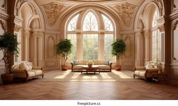 Ornate and spacious living room with large windows