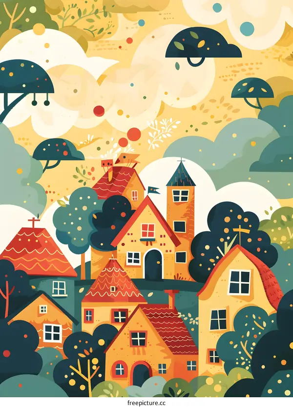Colorful Cartoon Illustration of a Town with Houses and Trees