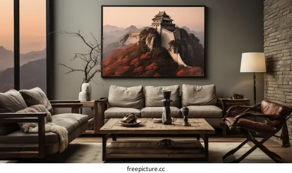 Chinese living room with a view of the great wall