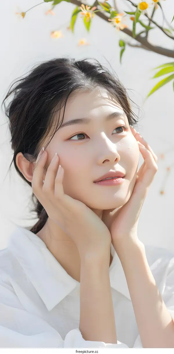 Portrait of a Young Asian Woman in a White Shirt Looking Up at the Sky