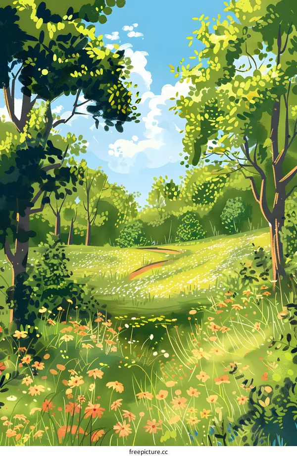 Summer Nature Landscape Illustration with Green Trees and Flowers