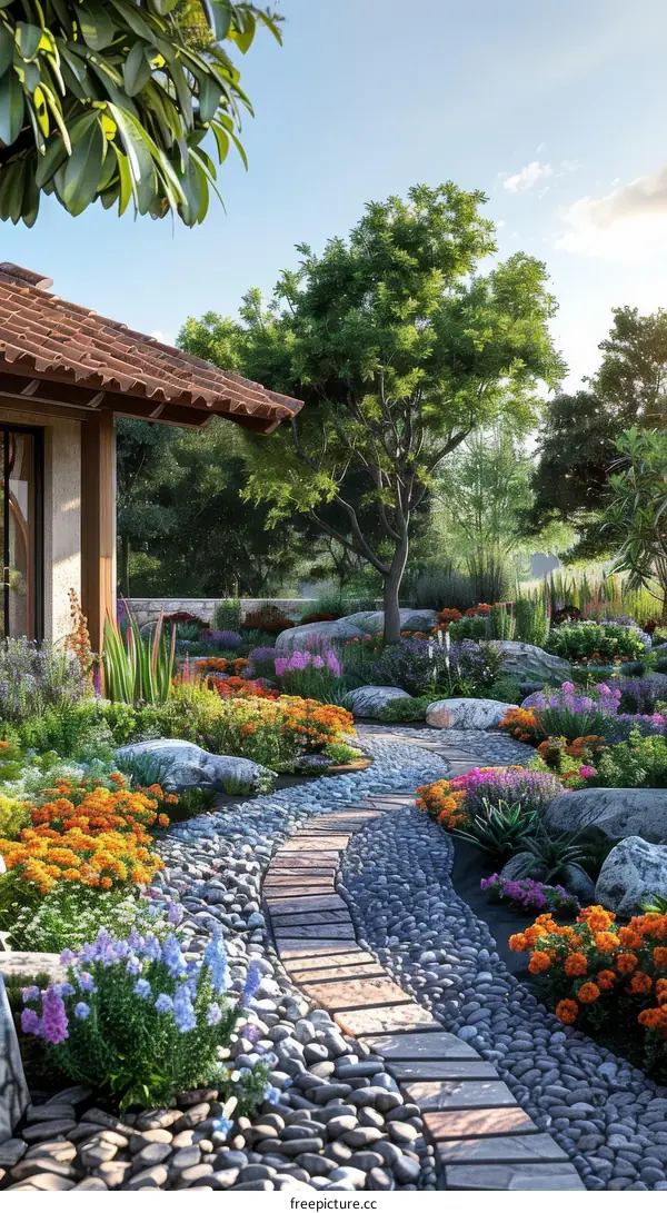 Stone Path Leading Through a Vibrant Garden
