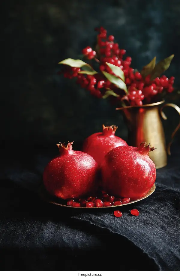 Three Pomegranates on a Dark Background