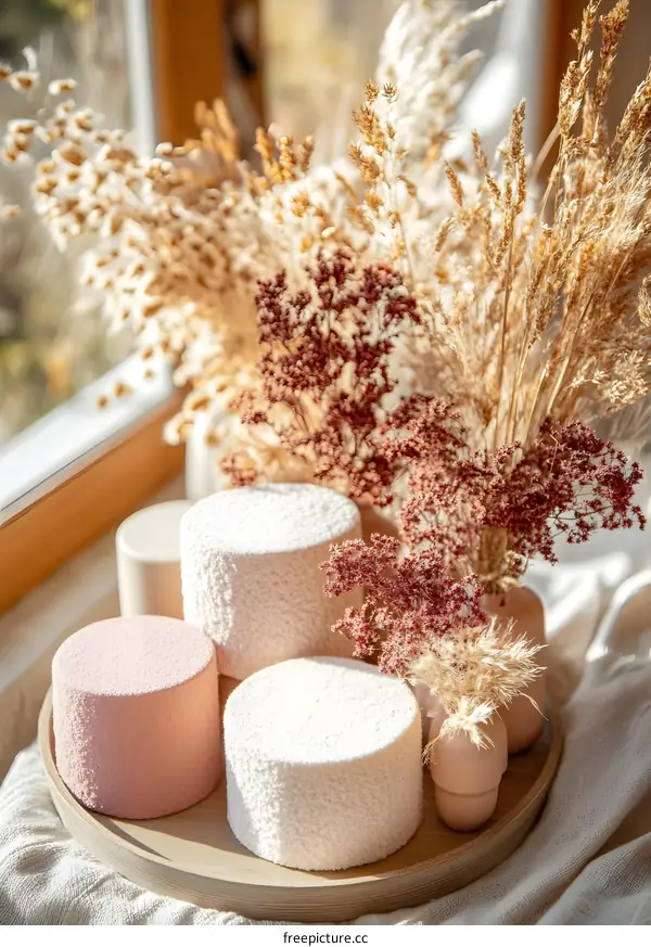 Boho Styled Cakes on Wooden Tray with Dried Flowers