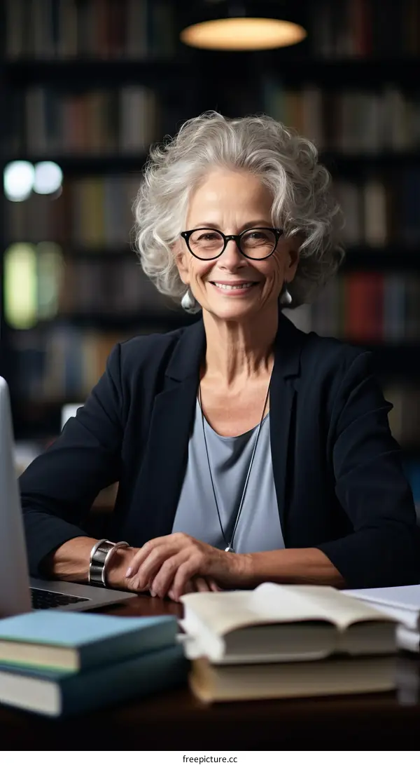 Portrait of a smiling senior female professor sitting at her desk in a library